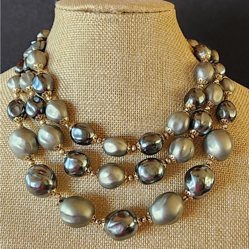 Vintage Japan Triple Strand Large Bead Necklace Beautiful Metallic
